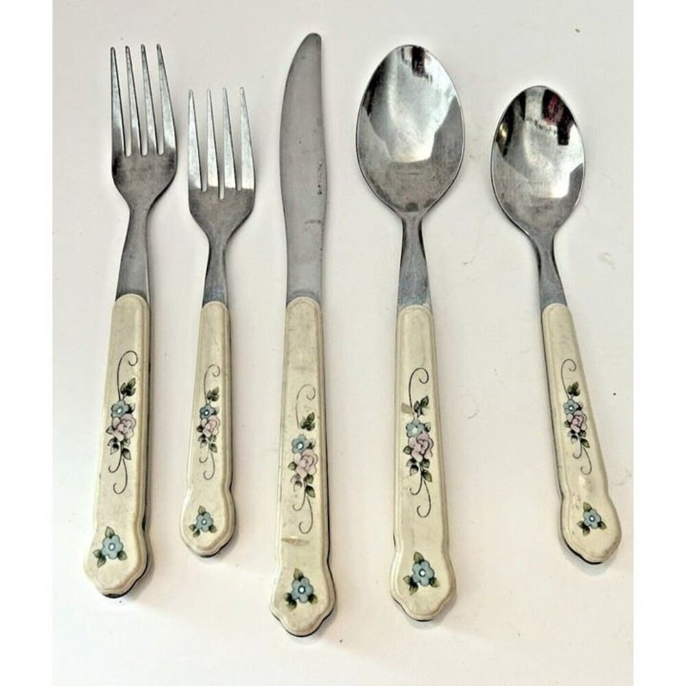 Vintage‎ Pfaltzgraff TEA ROSE Stainless Steel 5 Piece Silverware Replacement Set